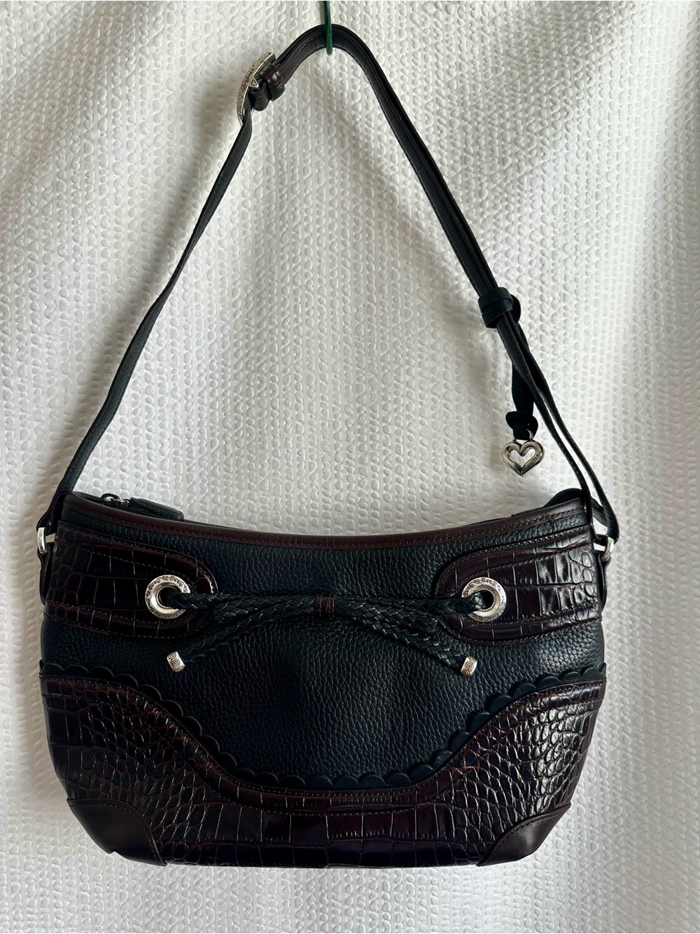 BRIGHTON Emma Vintage Black Brown Leather Croc Embossed Shoulder Bag Bow Purse